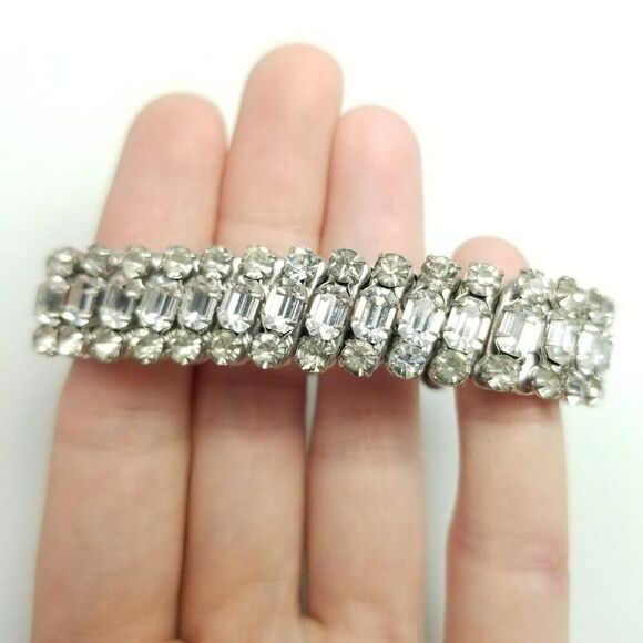 Vintage Three Row Rhinestone Stretch Expansion Bracelet, Emerald Shape Stones - Picture 1 of 8